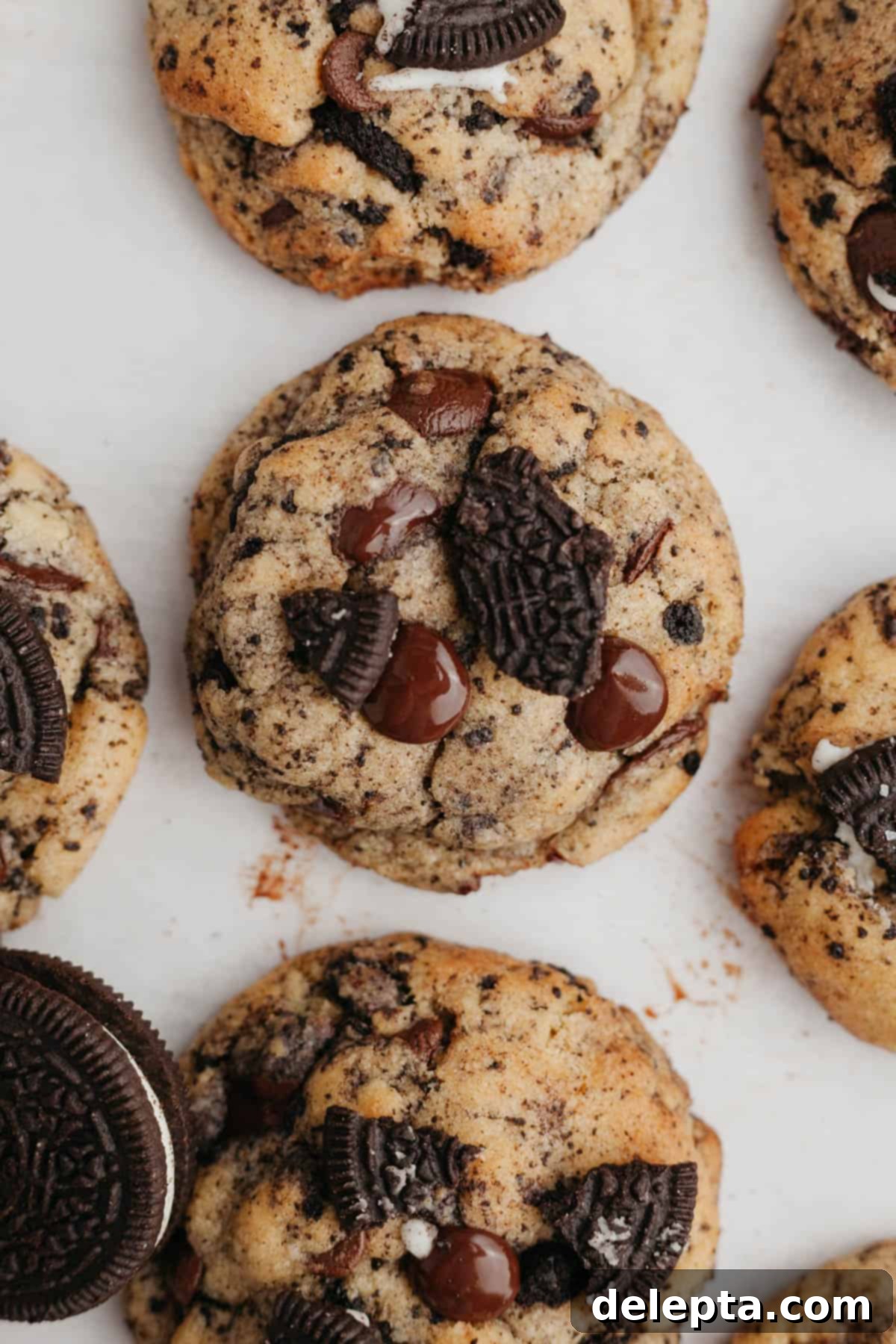 Easy One-Bowl Oreo Chocolate Chip Cookies 2 Oreo chocolate chip cookies on parchment paper.