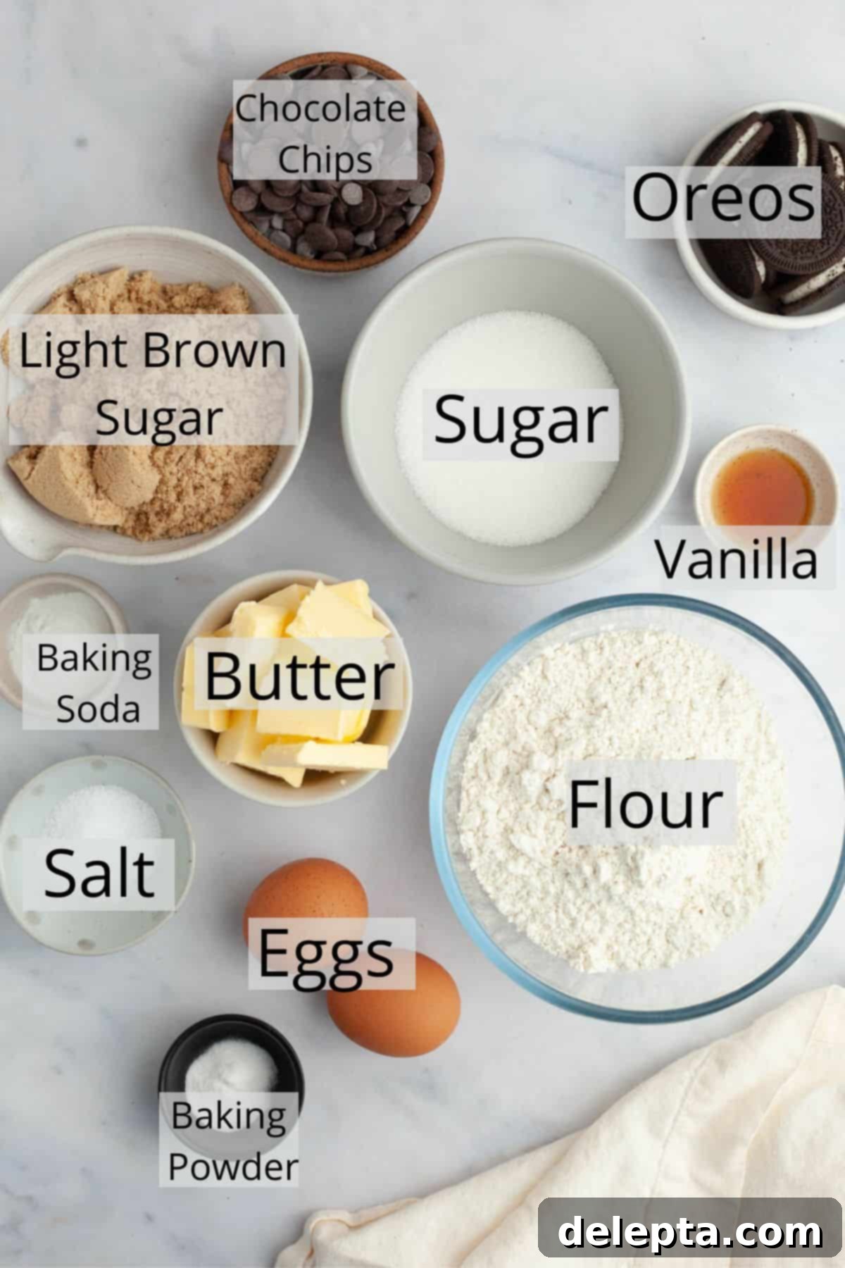 Easy One-Bowl Oreo Chocolate Chip Cookies 3 All the ingredients needed for Oreo chocolate chip cookies weighed out into bowls.