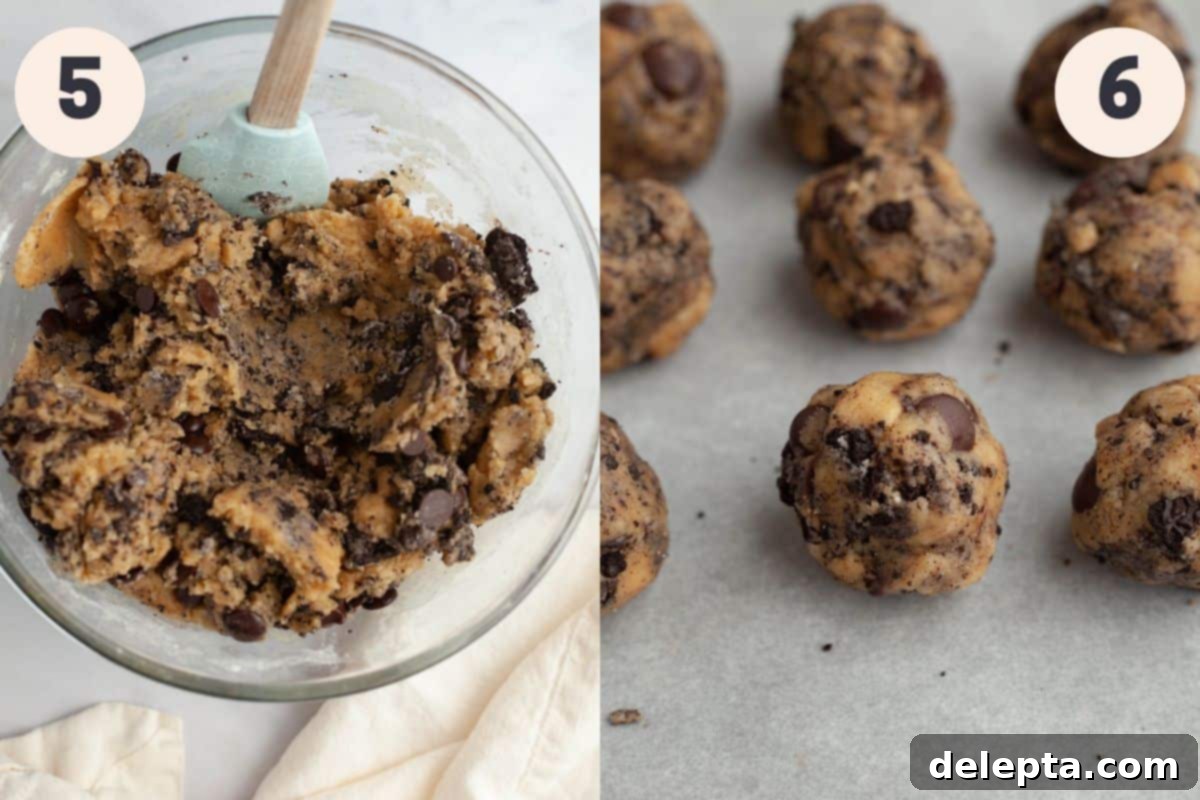 Easy One-Bowl Oreo Chocolate Chip Cookies 6 Steps 5 and 6 in the Oreo chocolate chip cookie baking process.