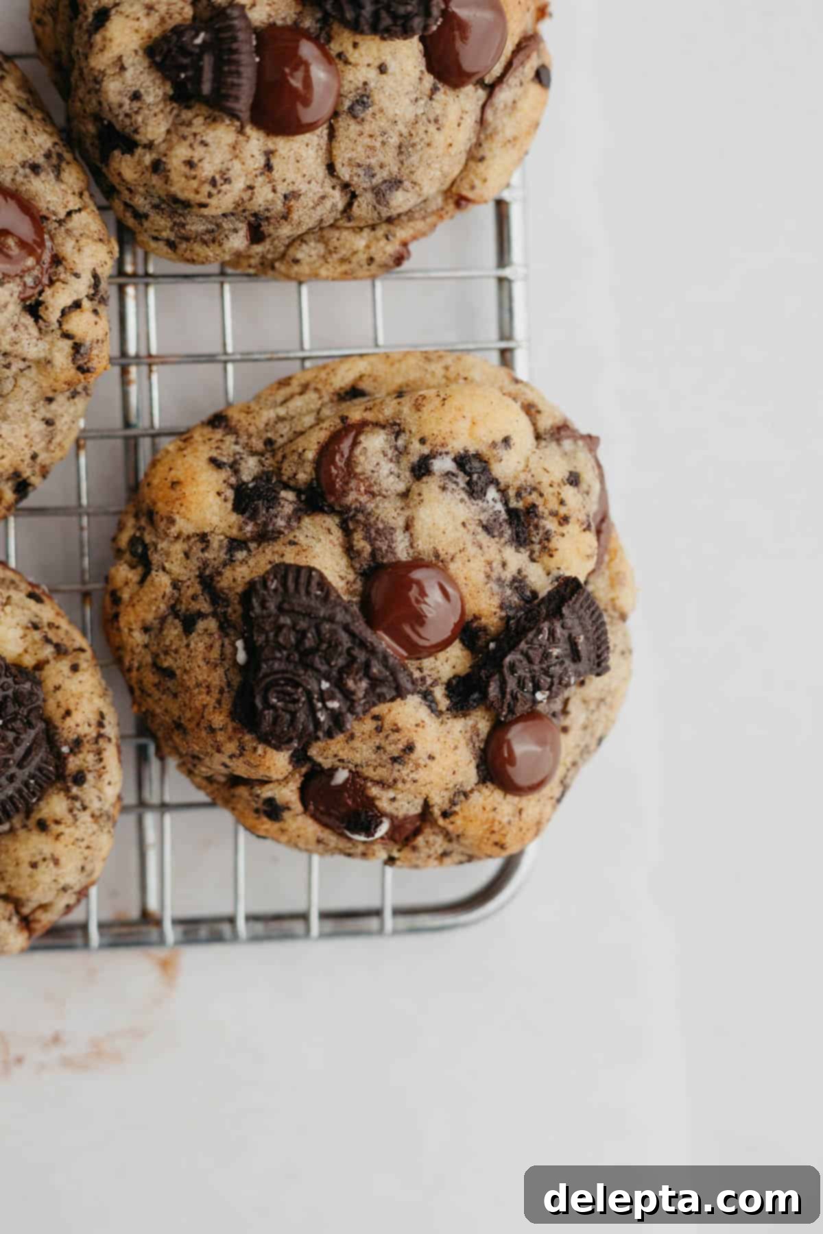 Easy One-Bowl Oreo Chocolate Chip Cookies 7 A close up of a cookies and cream chocolate chip cookie on a wire baking rack.