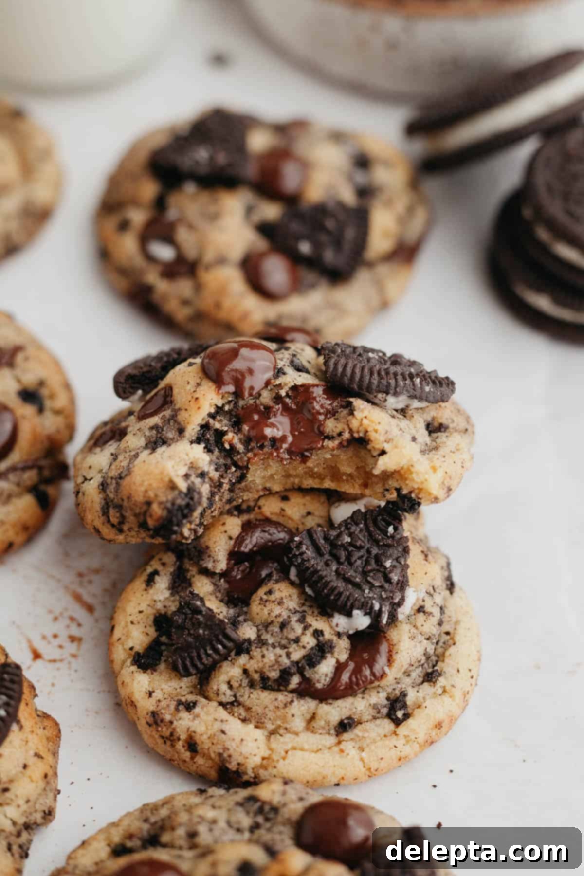 Easy One-Bowl Oreo Chocolate Chip Cookies 8 Two oreo chocolate chip cookies on top of each other, one has a bite taken out of it.