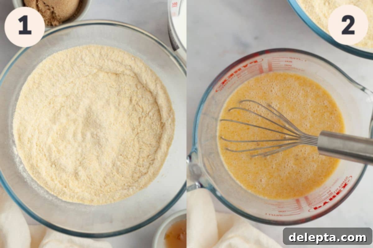 Pantry Staple Cornbread 4 Two steps of cornbread preparation: dry ingredients whisked in a bowl and wet ingredients whisked in a jug