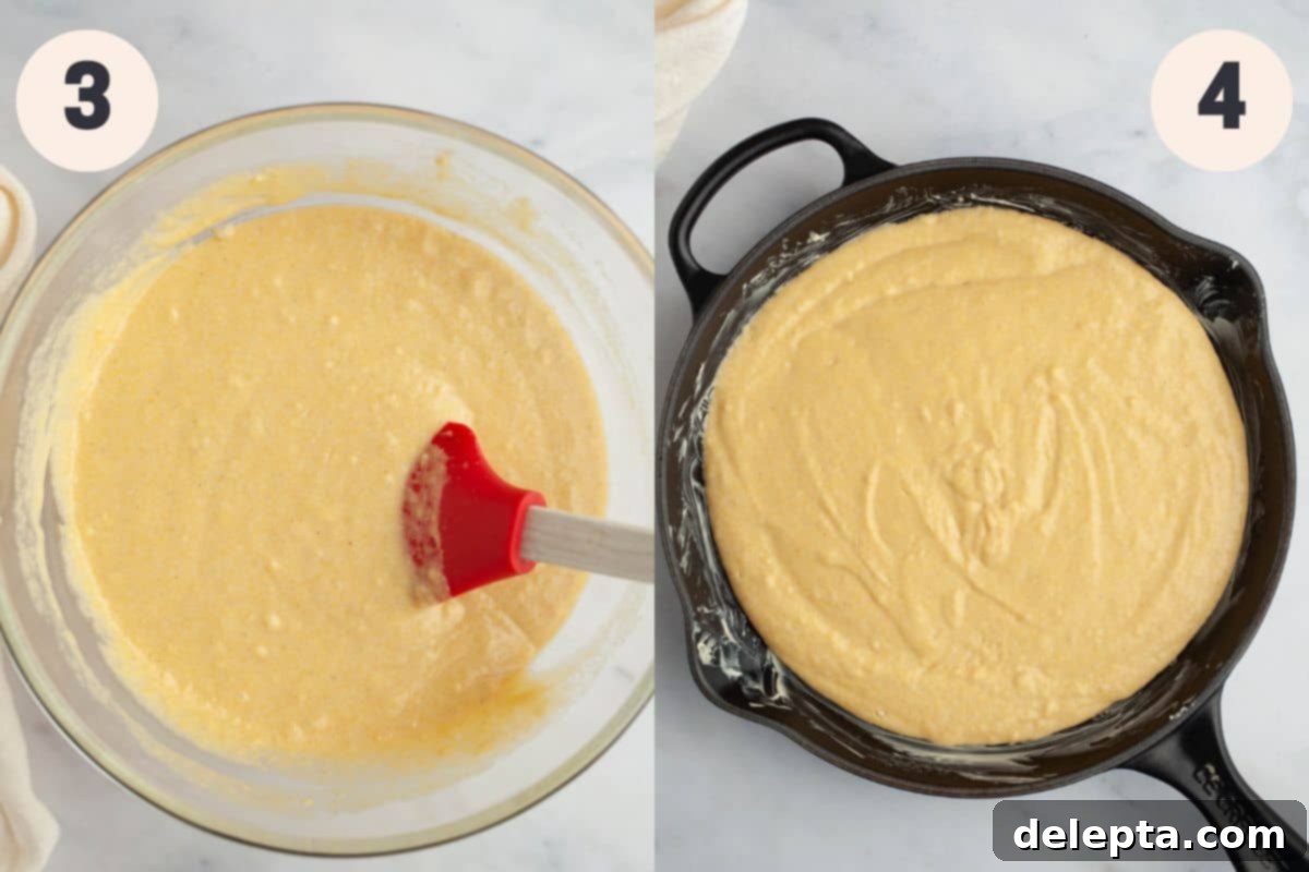 Pantry Staple Cornbread 5 Two steps of cornbread preparation: combining wet and dry ingredients and pouring batter into a cast iron skillet