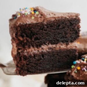 Velvet Chocolate Cream Cheese Delight 11 A slice of chocolate cake being lifted out with a silver server.