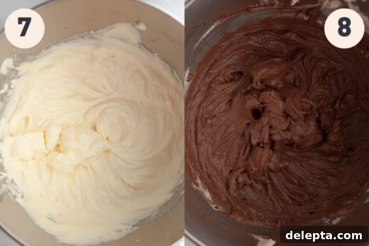 Velvet Chocolate Cream Cheese Delight 8 Steps 7 and 8 in the chocolate cake with cream cheese frosting baking process, showing cream cheese being added and cocoa powder incorporated.