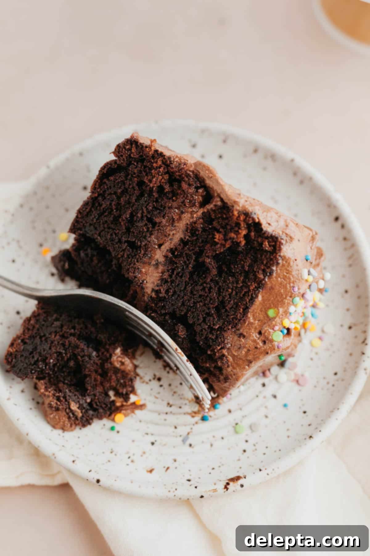 Velvet Chocolate Cream Cheese Delight 10 A delectable slice of chocolate cake with chocolate cream cheese frosting elegantly placed on a small plate.