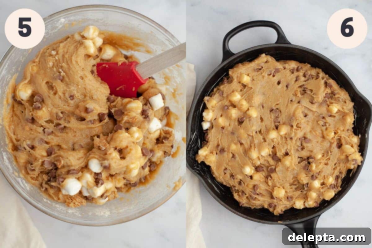 Campfire Skillet Chocolate Chip S'mores 6 Steps 5 and 6 in the chocolate chip marshmallow cookie skillet baking process, showing the mix-ins folded into dough and the dough in the cast iron skillet.
