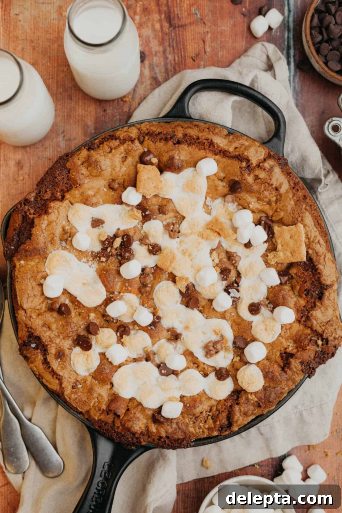 Campfire Skillet Chocolate Chip S'mores 7 A perfectly baked marshmallow chocolate chip cookie skillet in a cast iron pan, resting on a rustic wooden surface.