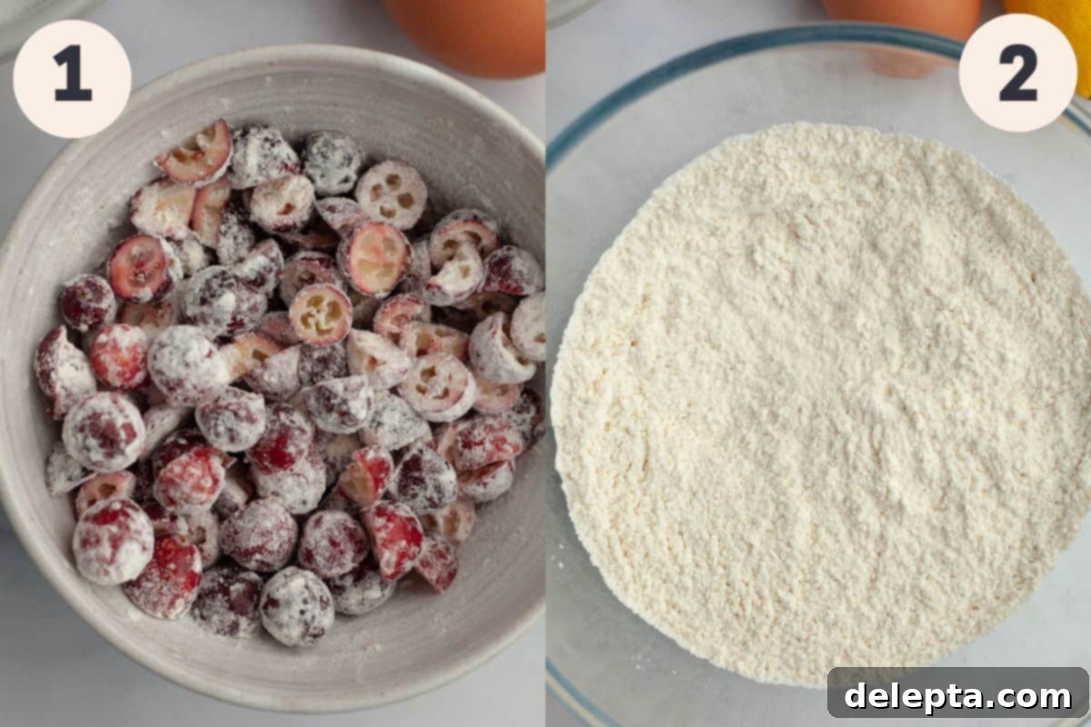 Lemon-Kissed Cranberry Loaf with White Chocolate Embrace 5 Initial steps of the cranberry lemon bread baking process: halved cranberries tossed with flour in a bowl, and dry ingredients (flour, salt, baking powder) whisked together in another bowl.