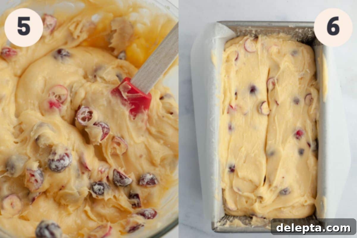 Lemon-Kissed Cranberry Loaf with White Chocolate Embrace 7 Steps 5 and 6 in the cranberry lemon bread baking process: the wet and dry ingredients are gently folded together, followed by stirring in the flour-coated cranberries, and finally, pouring the finished batter into a prepared loaf pan for baking.