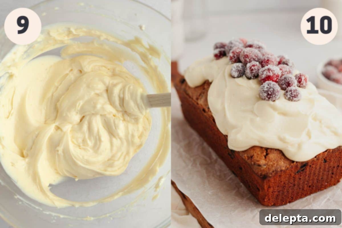 Lemon-Kissed Cranberry Loaf with White Chocolate Embrace 9 Steps 9 and 10 in the cranberry lemon bread baking process: a close-up of the smooth white chocolate cream cheese frosting being prepared with a hand mixer, and the finished cranberry lemon bread beautifully frosted and topped with sugared cranberries.