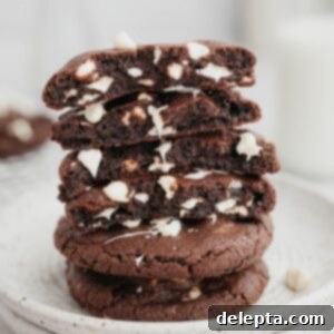Chocolate Chip Showcase Cookies 8 A stack of inside out chocolate chip cookies broken in half, showing the fudgy inside.