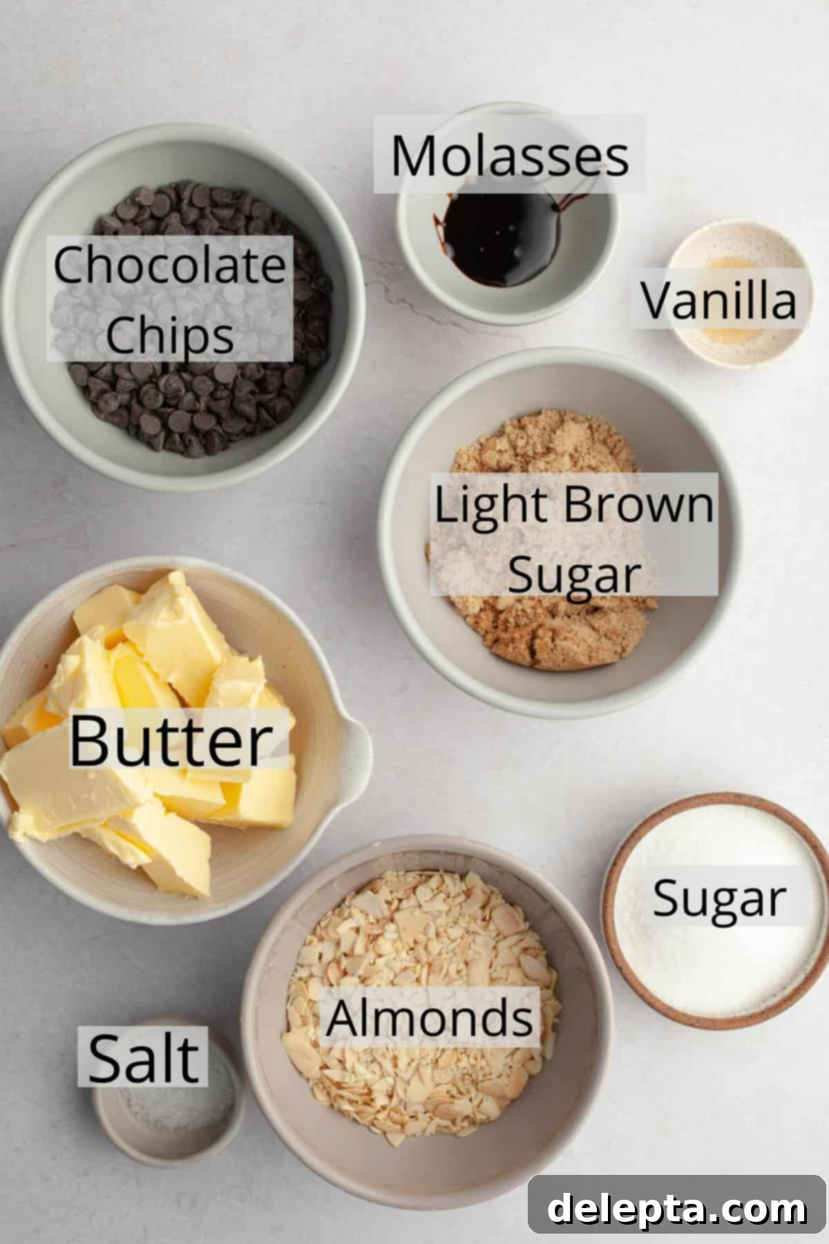 Sweet Almond Buttercrunch 3 All the ingredients needed to make homemade almond English toffee, precisely weighed out into small bowls, ready for cooking.