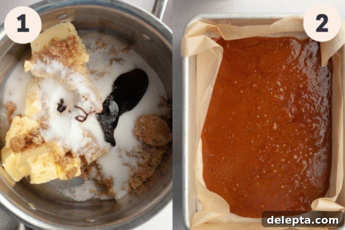 Sweet Almond Buttercrunch 4 Steps 1 and 2 in the almond English toffee baking process, showing ingredients melting in a saucepan and the mixture being poured into a lined pan.