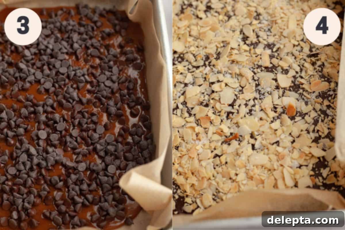 Sweet Almond Buttercrunch 5 Steps 3 and 4 in the almond English toffee baking process, showing chocolate chips melting on hot toffee and almonds being sprinkled on top.
