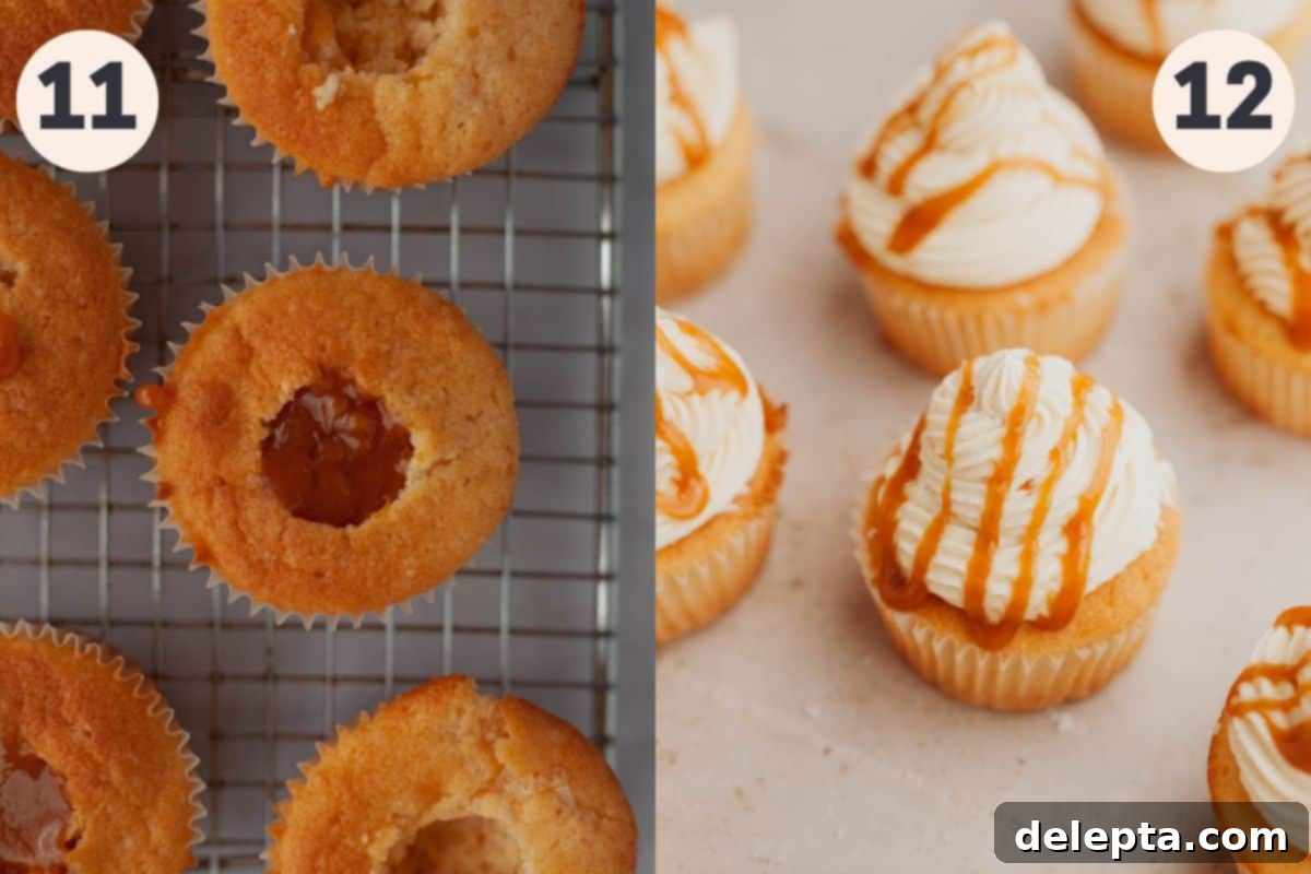 Caramel Burst Cupcakes 11 Steps 11 and 12 in the caramel filled cupcake baking process.
