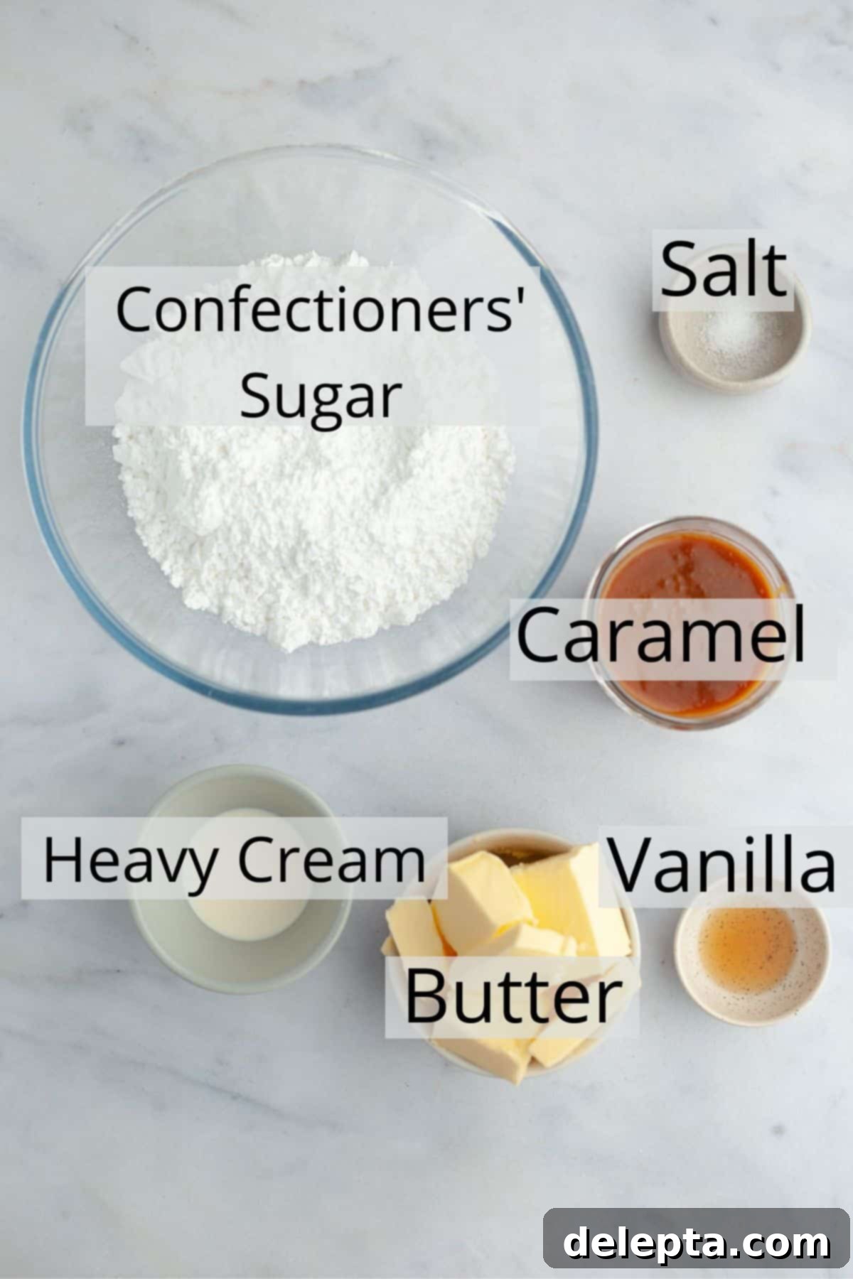 Caramel Burst Cupcakes 5 All the ingredients needed to make caramel buttercream, weighed out into small bowls.