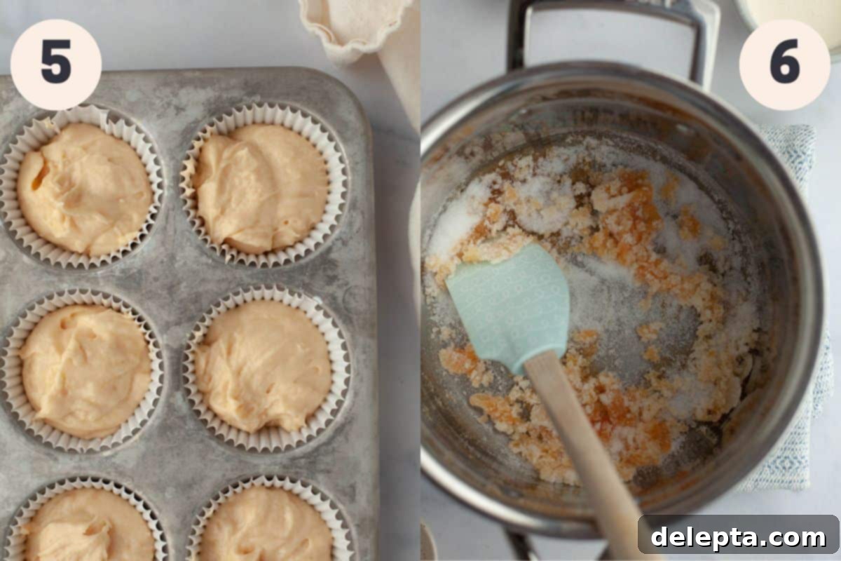 Caramel Burst Cupcakes 8 Steps 5 and 6 in the caramel filled cupcake baking process.