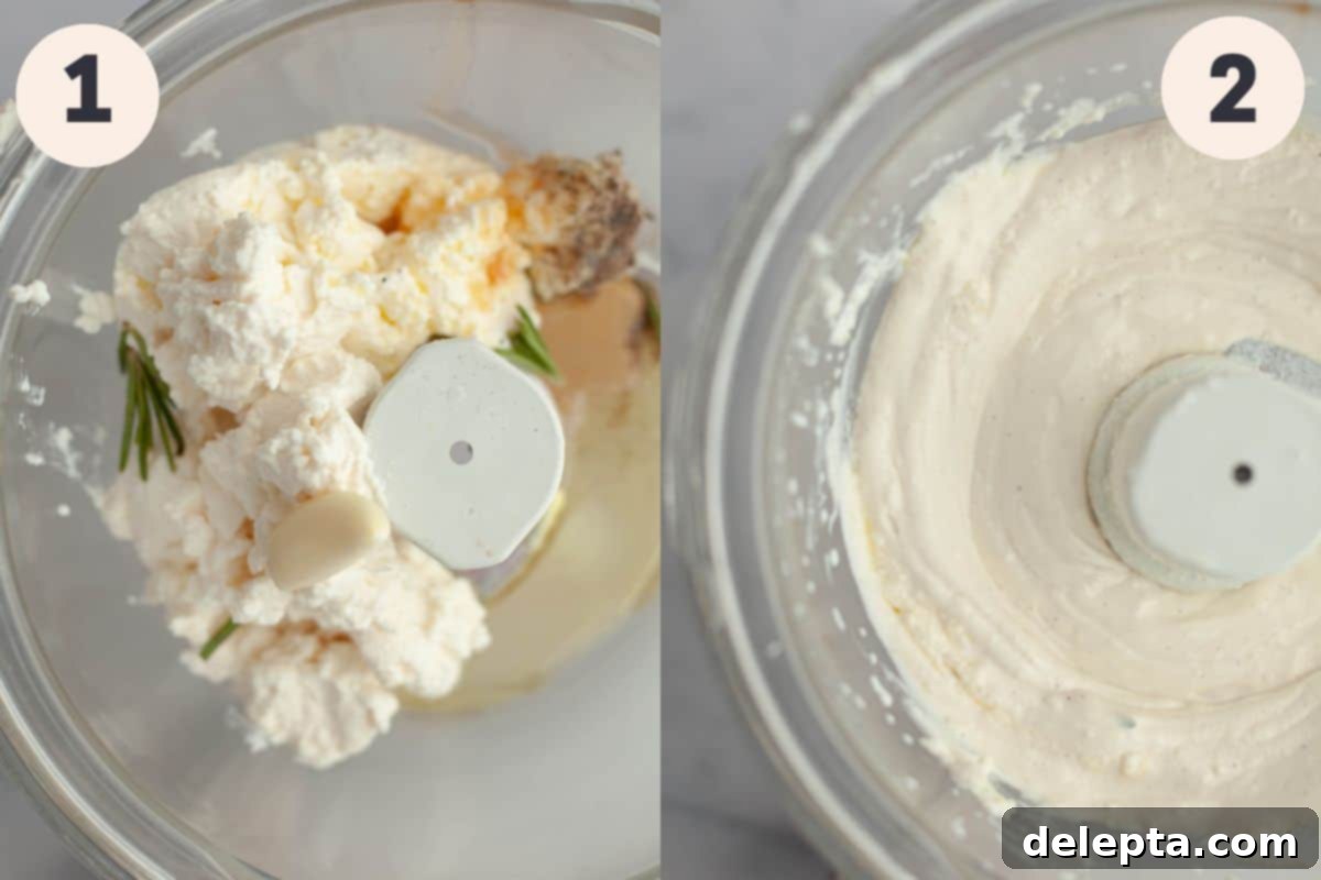 Sweet Heat Ricotta Cloud 4 Two images demonstrating steps 1 and 2 of making whipped ricotta dip. The first image shows all ingredients in a food processor bowl before blending. The second image shows the finished smooth whipped dip in a bowl, ready for garnishing.