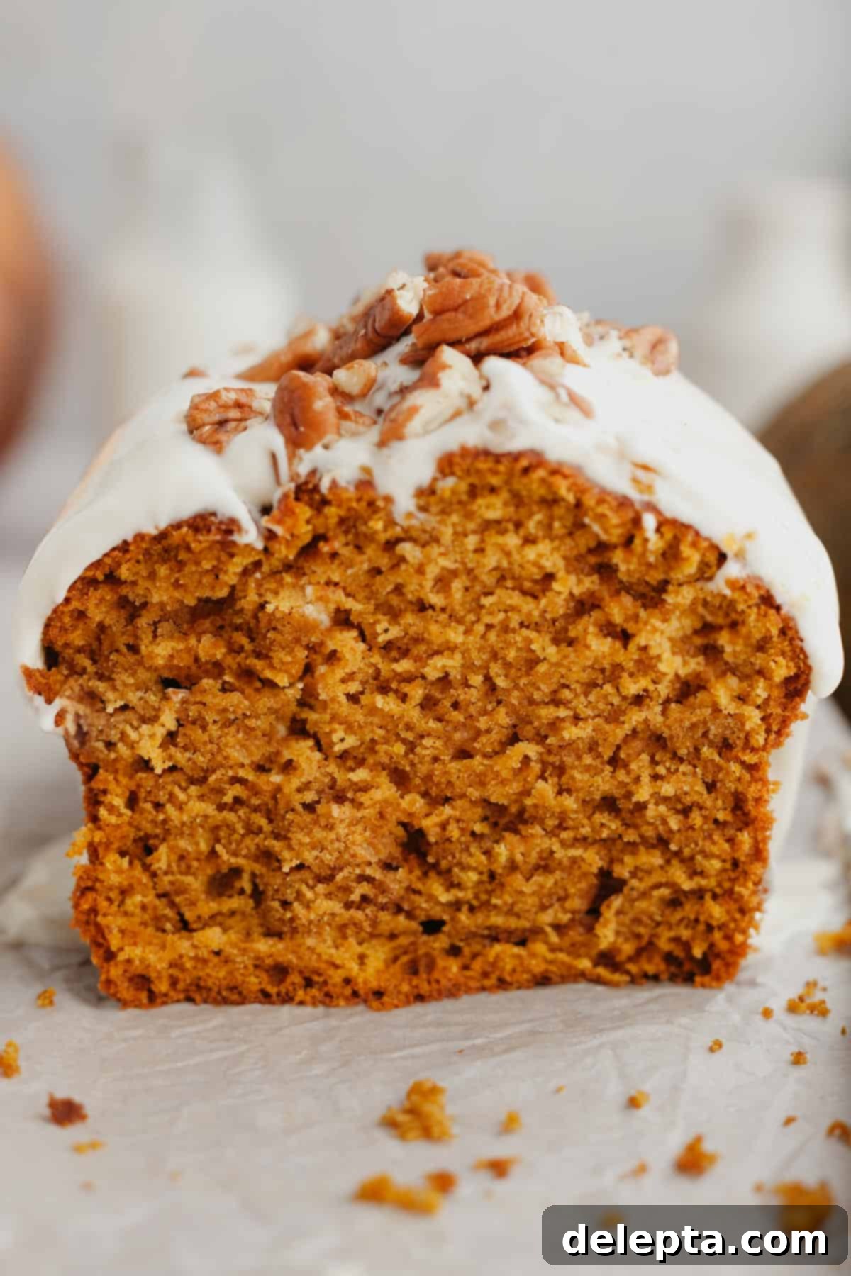 Velvet Pumpkin Loaf with Rich Cream Cheese Frosting 2 A delectable slice of homemade pumpkin bread adorned with a generous swirl of cream cheese frosting and a scattering of chopped pecans on top, perfect for autumn indulgence.