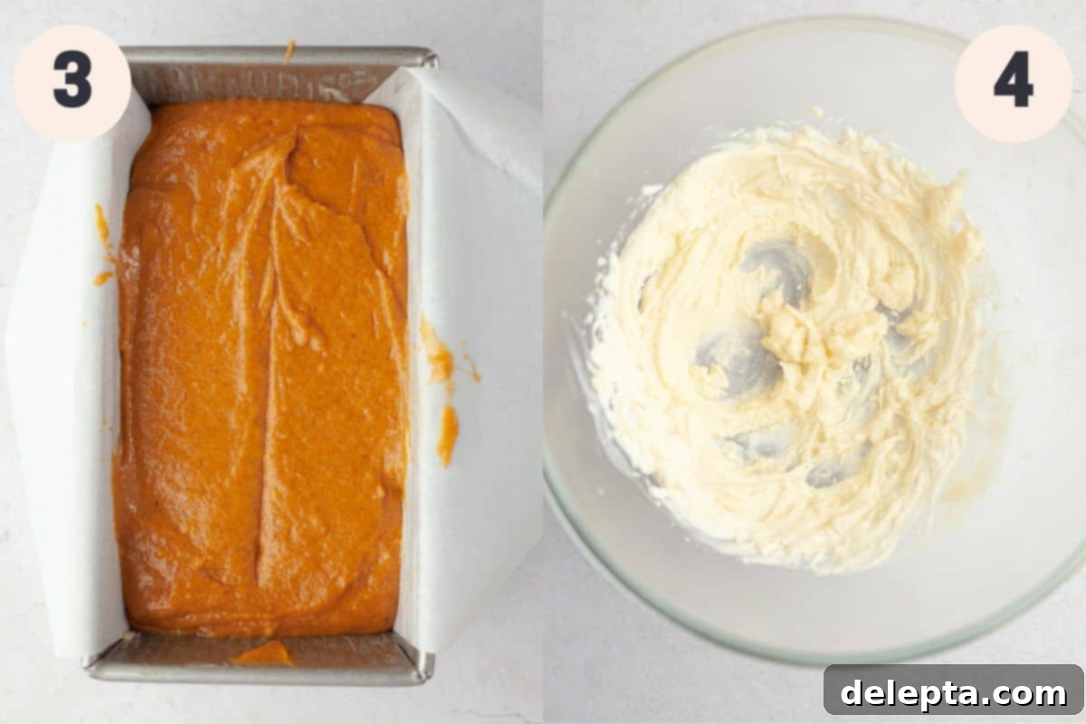 Velvet Pumpkin Loaf with Rich Cream Cheese Frosting 6 Steps three and four of the pumpkin bread process, showing batter in a loaf pan and cream being whisked for frosting.