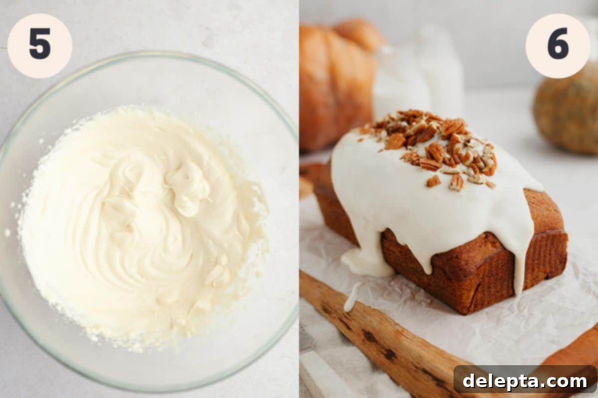 Velvet Pumpkin Loaf with Rich Cream Cheese Frosting 7 Steps five and six of the pumpkin bread process, showing cream cheese being added to frosting and the finished frosted loaf.