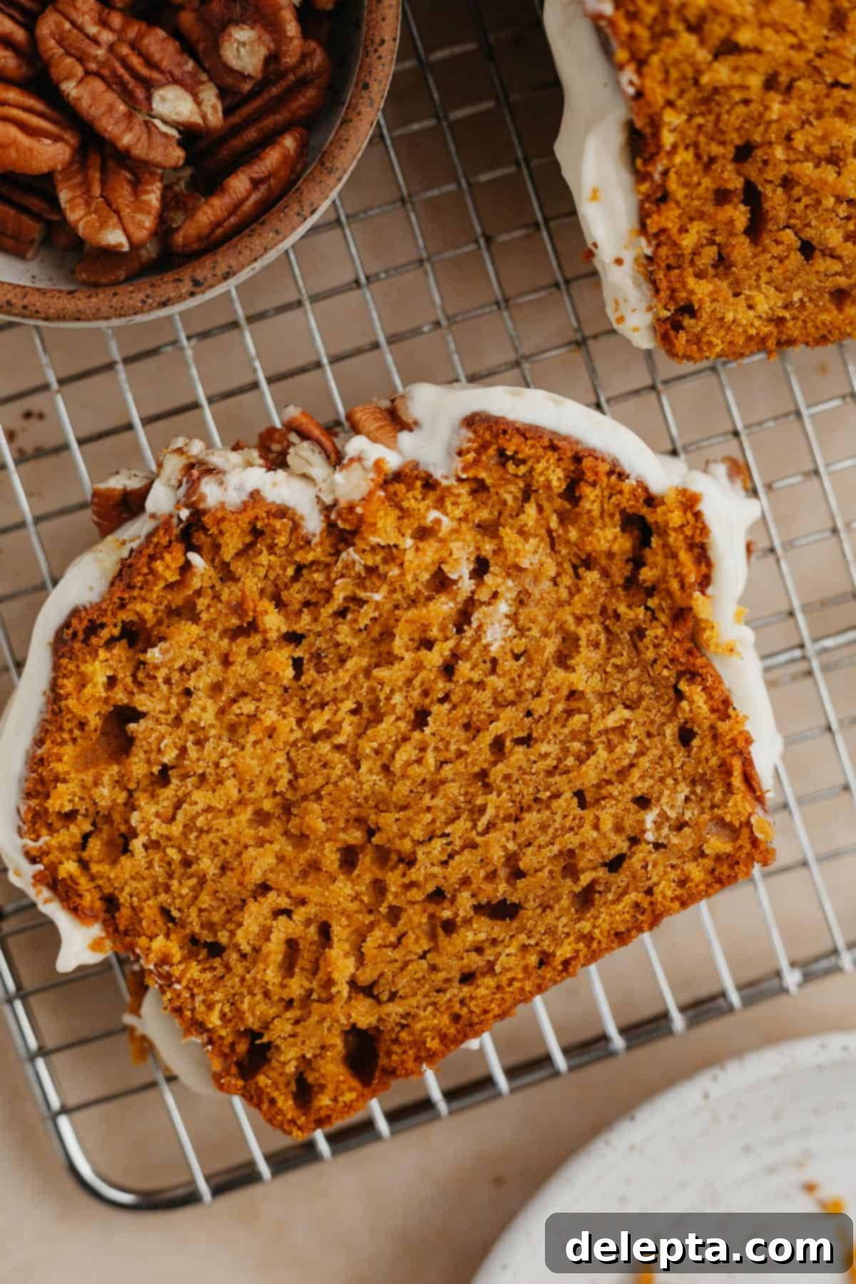 Velvet Pumpkin Loaf with Rich Cream Cheese Frosting 9 A close-up shot of a slice of pumpkin bread generously topped with smooth cream cheese frosting and a sprinkle of chopped pecans.
