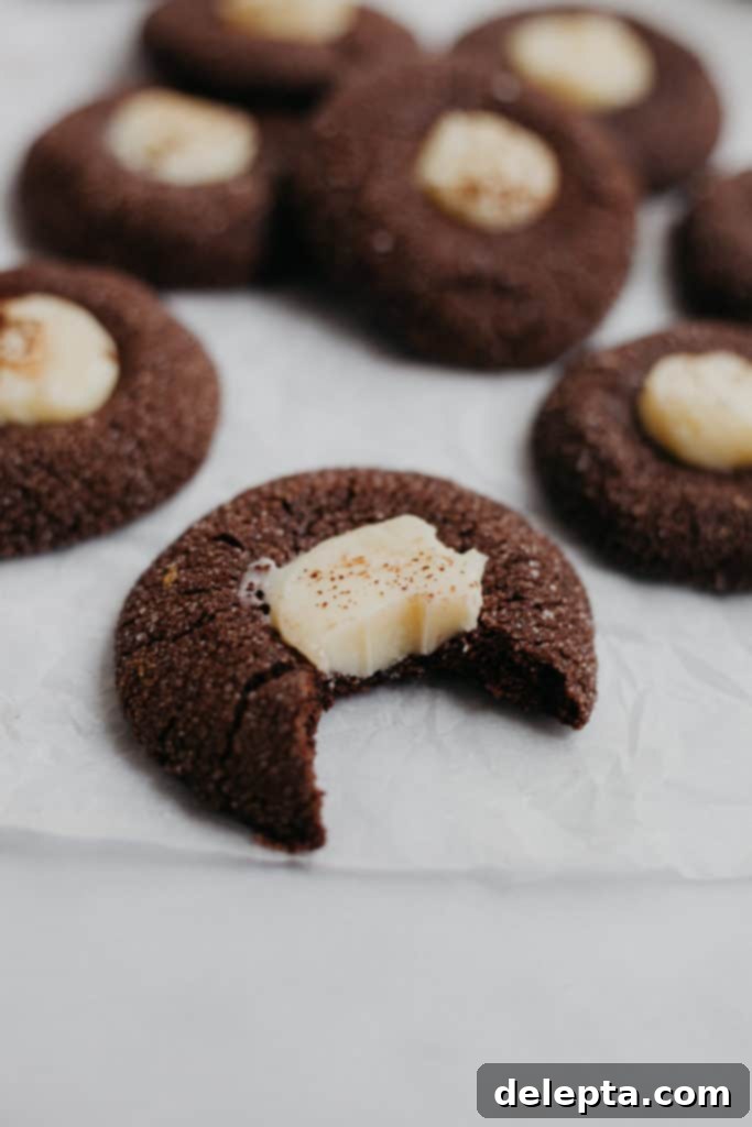 Fireside Cocoa Jewels 3 Close up shot of a single hot chocolate thumbprint cookie, with a bite taken out, revealing the creamy white chocolate ganache filling.