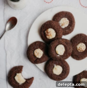 Fireside Cocoa Jewels 5 Several rich chocolate thumbprint cookies with white chocolate ganache, artfully arranged on a elegant marble tray. One cookie features a clear bite mark, revealing its luscious interior.