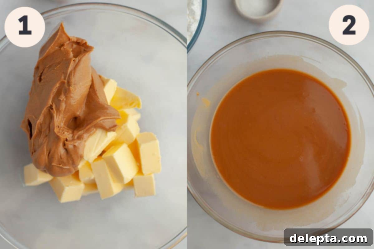 Effortless Peanut Butter Dream 4 First two steps in the no-bake peanut butter fudge process: butter and peanut butter melting together in a microwave-safe bowl, stirred to combine.