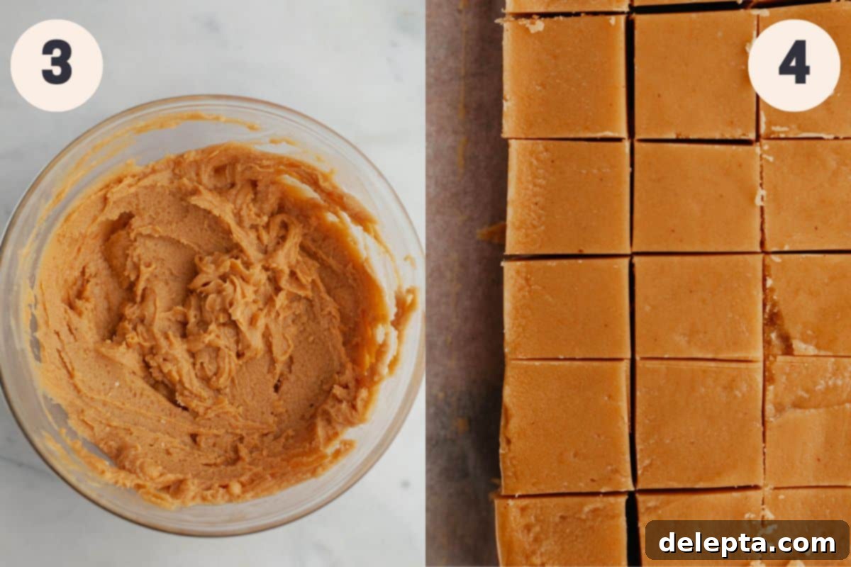 Effortless Peanut Butter Dream 5 Steps three and four for no-bake peanut butter fudge: mixing in confectioners' sugar with a spatula and pressing the creamy fudge into a parchment-lined 8x8 pan for chilling.