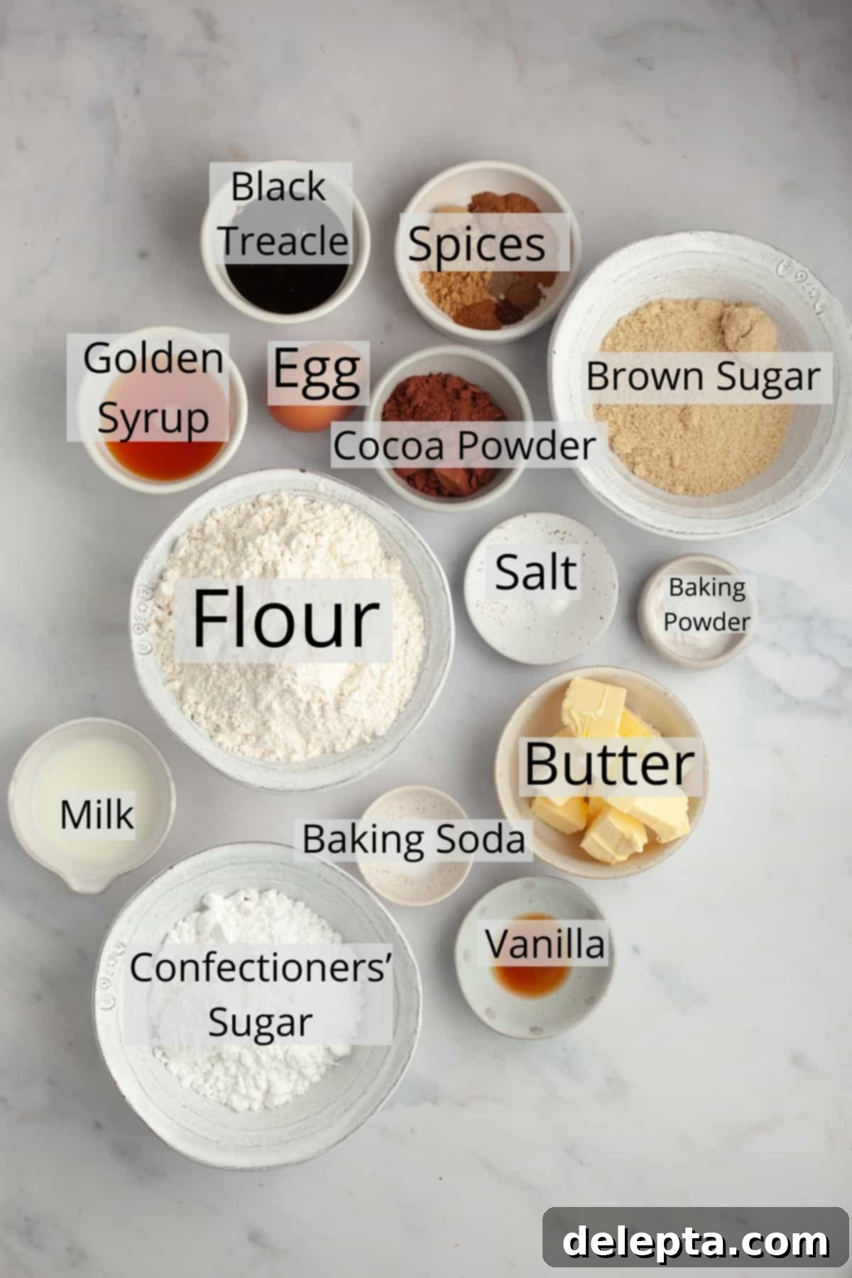 Old World German Gingerbread 3 A vibrant flat lay image showcasing all the ingredients required for making German gingerbread cookies, including spices, flour, sugars, and liquids.