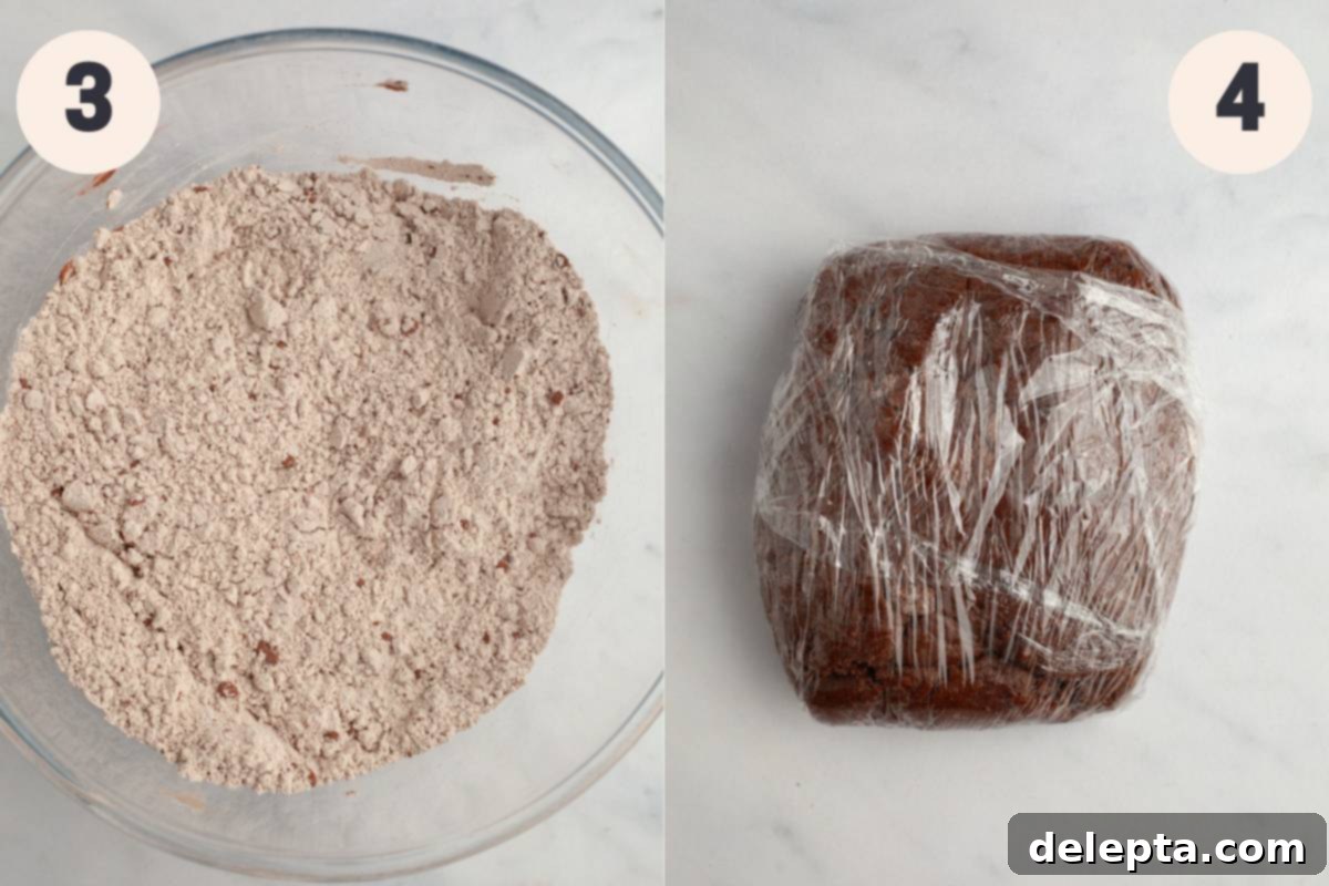 Old World German Gingerbread 5 Two sequential process images: first, a bowl filled with flour and a mix of aromatic spices; second, the gingerbread dough, perfectly kneaded and wrapped in plastic wrap, ready for chilling.