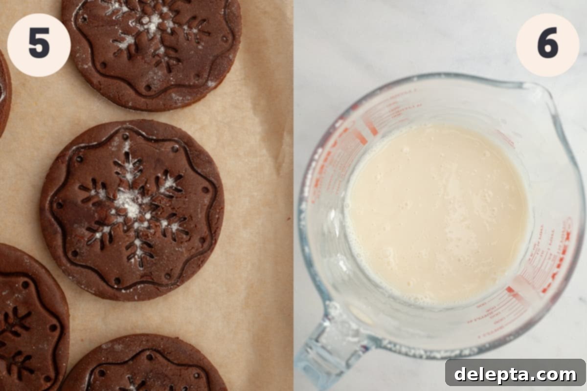 Old World German Gingerbread 6 Two process images: one shows unbaked gingerbread cookies intricately stamped with snowflake designs, arranged neatly on parchment paper; the other displays a jug filled with smooth white icing, ready for glazing.
