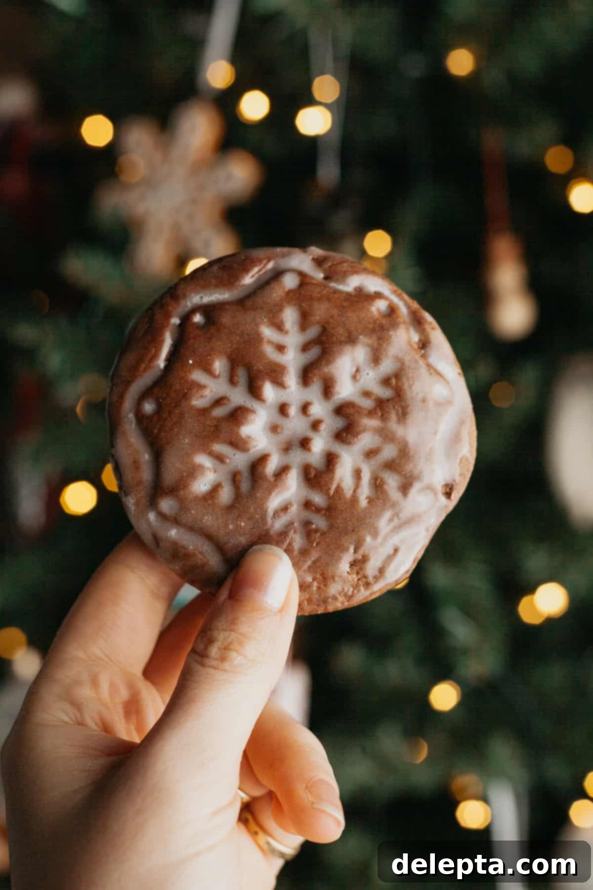 Old World German Gingerbread 7 A hand gently holds a freshly baked German gingerbread cookie, proudly displaying its perfectly stamped snowflake design and glistening glaze.