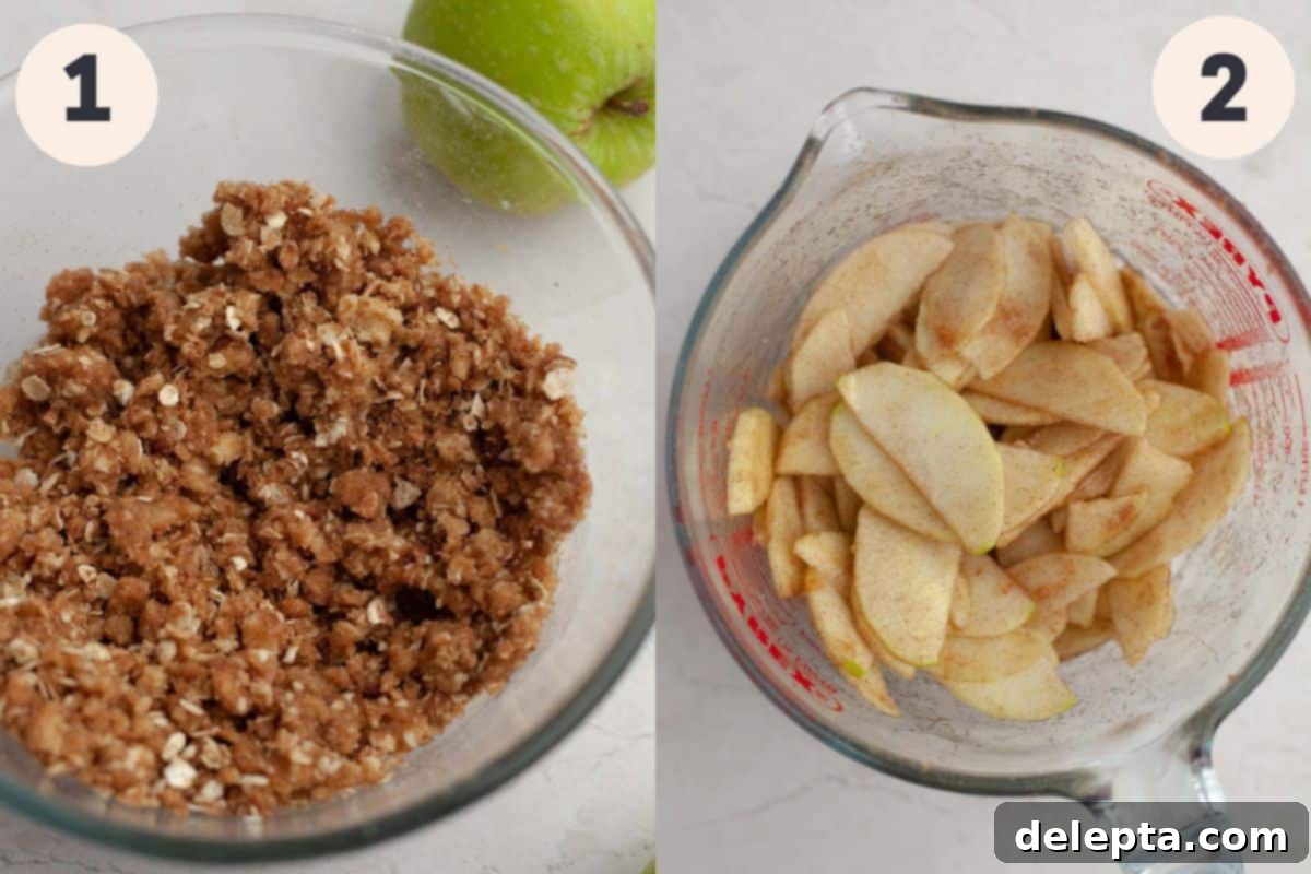 Apple Crumble Cheesecake 5 Steps 1 and 2 in the apple crisp cheesecake baking process, showing streusel ingredients mixed and apples sliced.