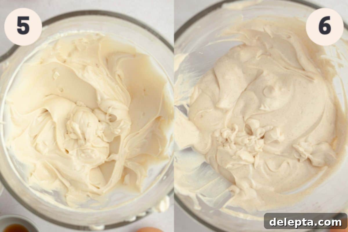 Apple Crumble Cheesecake 7 Steps 5 and 6 in the apple crisp cheesecake baking process, showing cream cheese and sugars mixing.