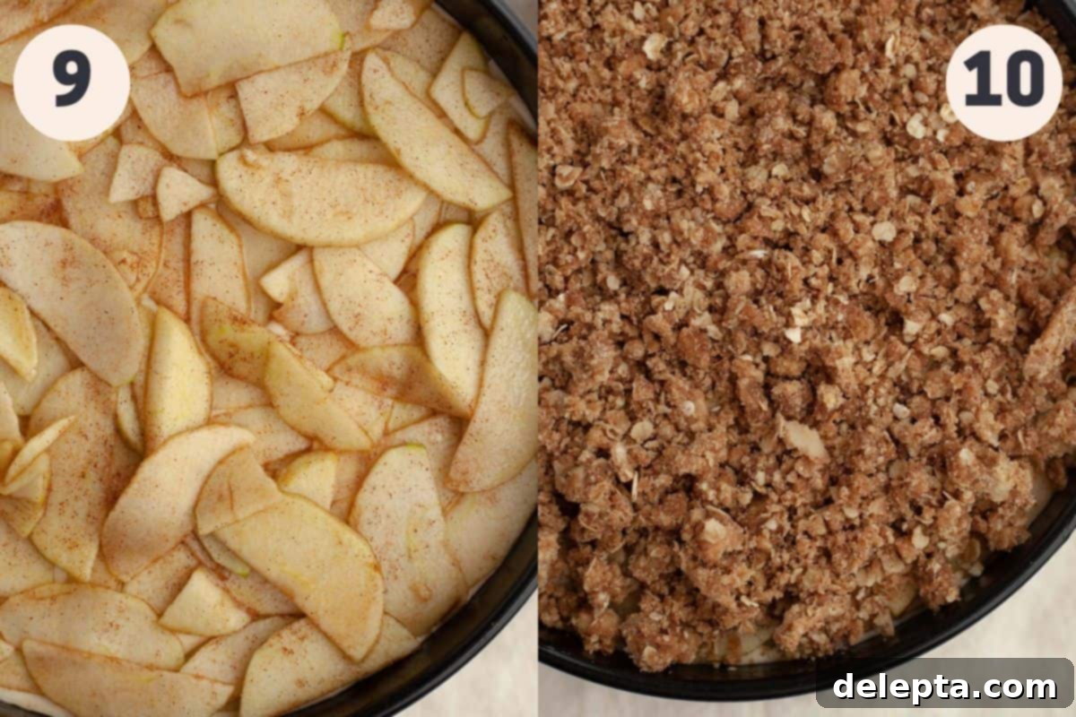 Apple Crumble Cheesecake 9 Steps 9 and 10 in the apple crisp cheesecake baking process, showing apples and streusel being added before baking.