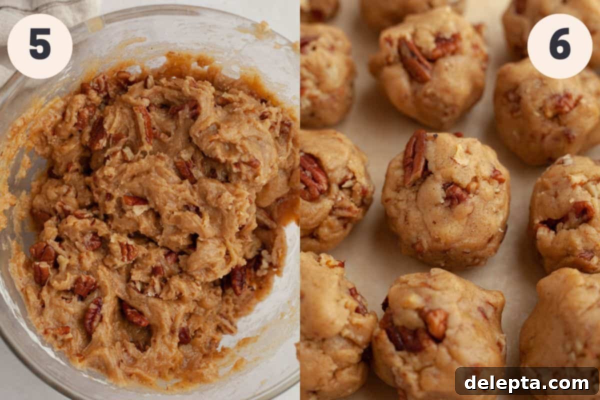 Toasted Butter Pecan Gems 6 Steps 5 and 6 of baking browned butter pecan cookies: folding ingredients and scooping dough onto a baking sheet.