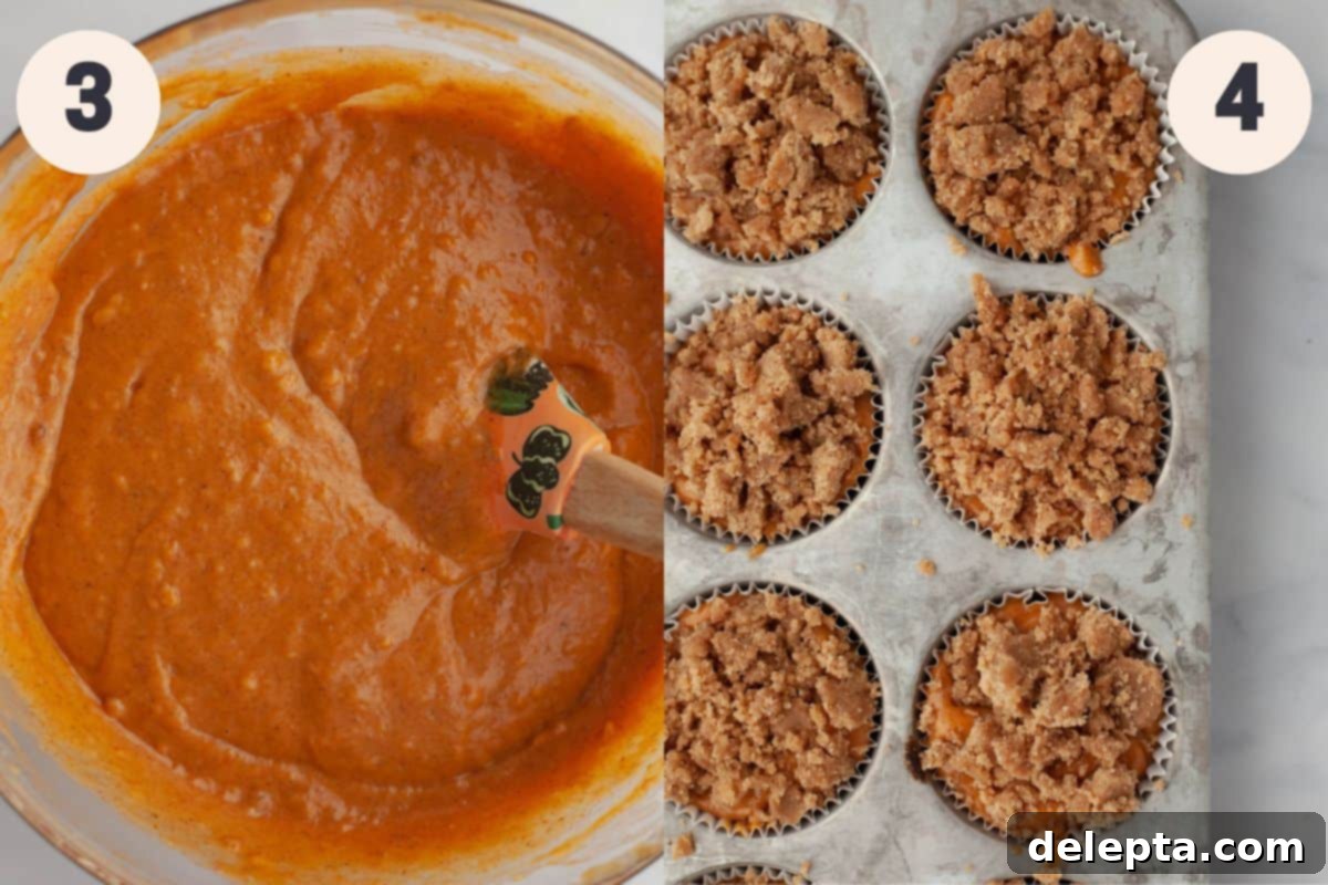 Autumn Spiced Pumpkin Crumble Muffins 6 Steps 3 and 4 in the pumpkin muffin with streusel topping baking process.