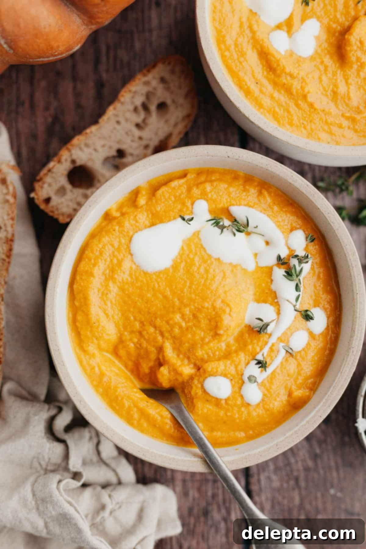 Velvet Pumpkin Carrot Soup 2 A white bowl of creamy pumpkin carrot soup, garnished with a swirl of heavy cream and fresh thyme leaves.