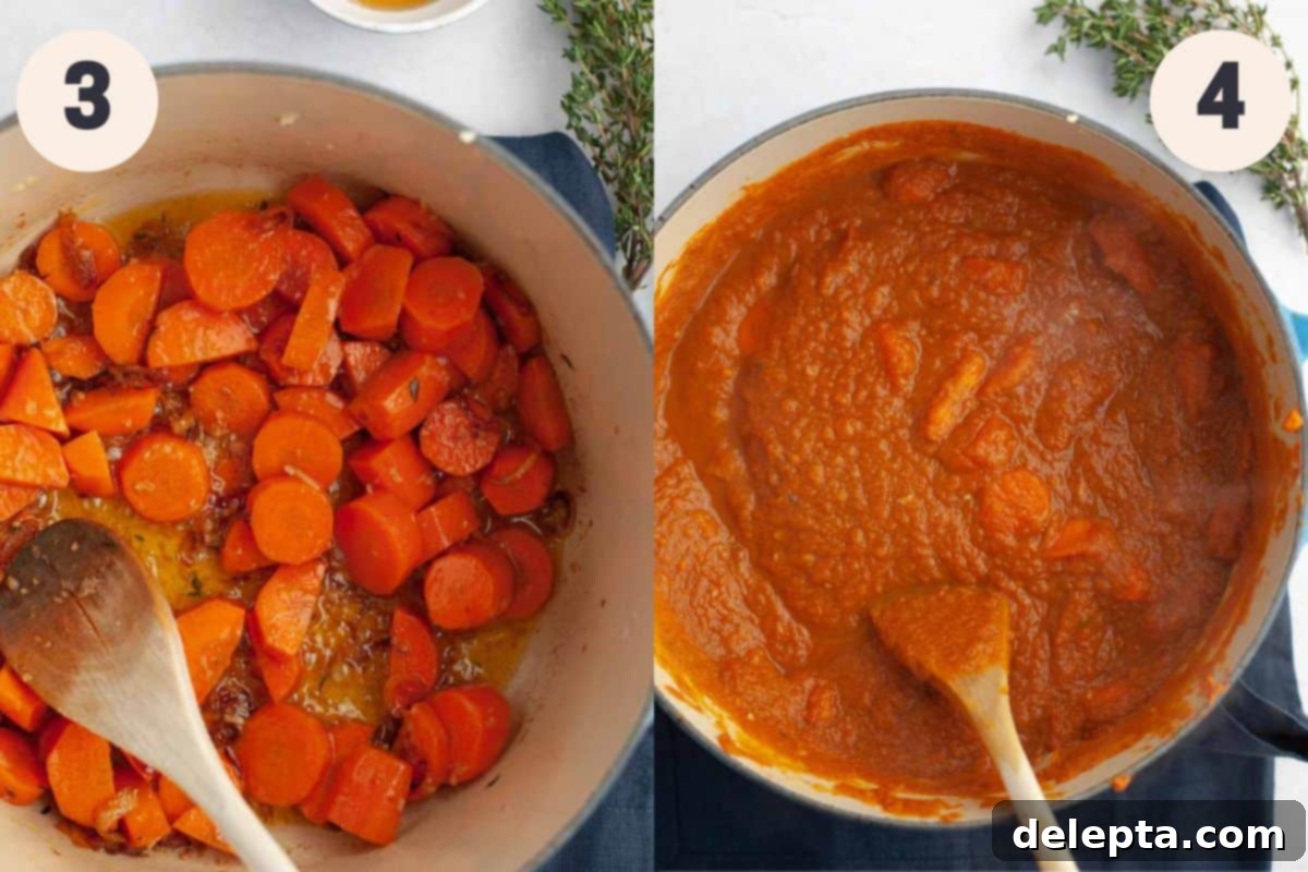 Velvet Pumpkin Carrot Soup 5 Steps 3 and 4 in the pumpkin carrot soup process showing carrots, garlic, and spices added to the pot.