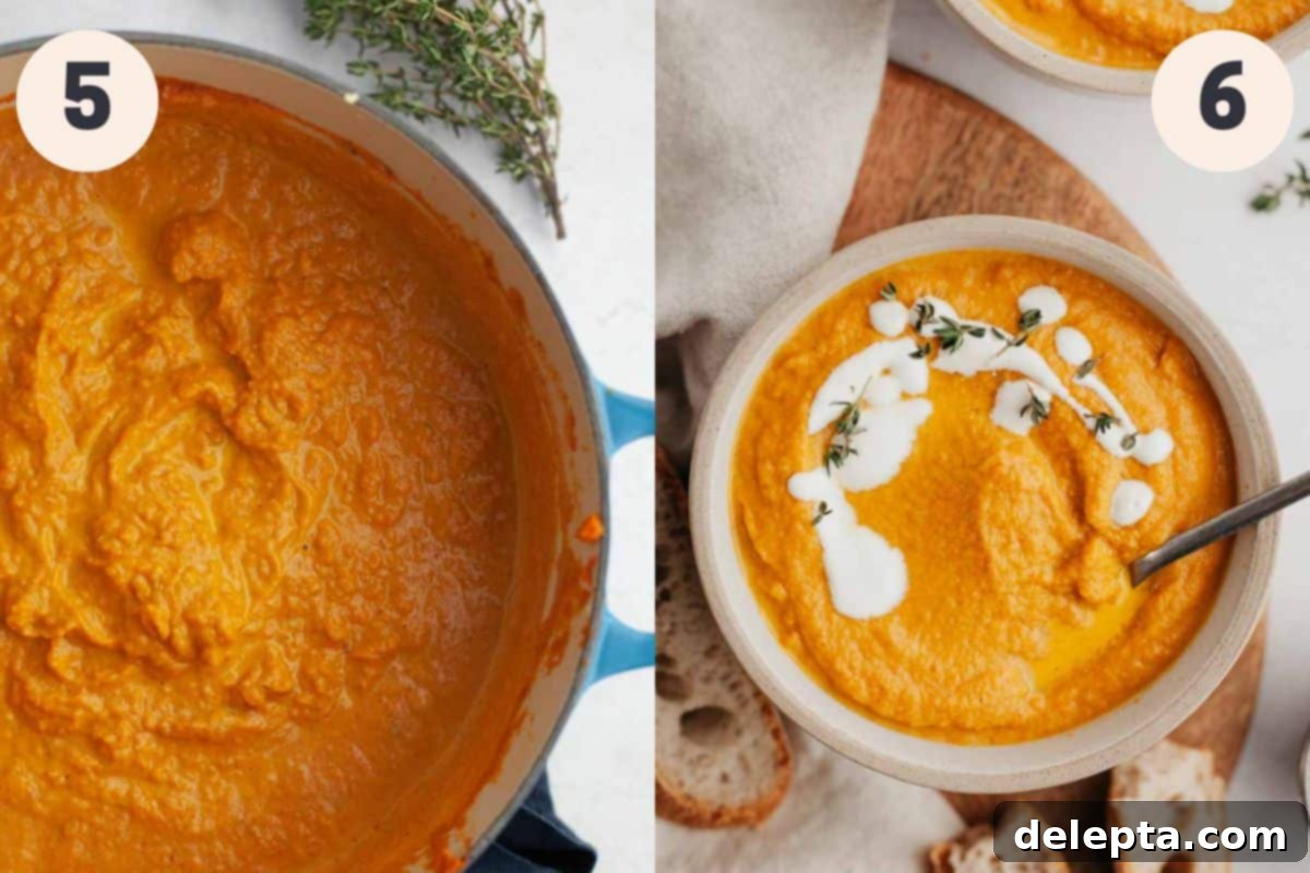 Velvet Pumpkin Carrot Soup 6 Steps 5 and 6 in the pumpkin carrot soup process showing heavy cream being poured into the blended soup.
