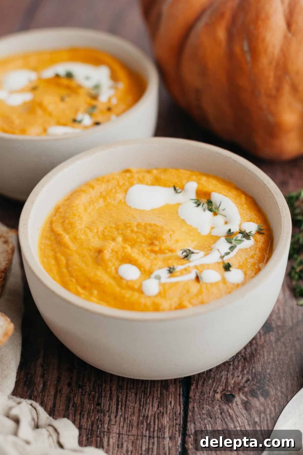 Velvet Pumpkin Carrot Soup 7 A beautifully presented white bowl filled with smooth pumpkin carrot soup, garnished with a swirl of heavy cream and fresh thyme leaves.