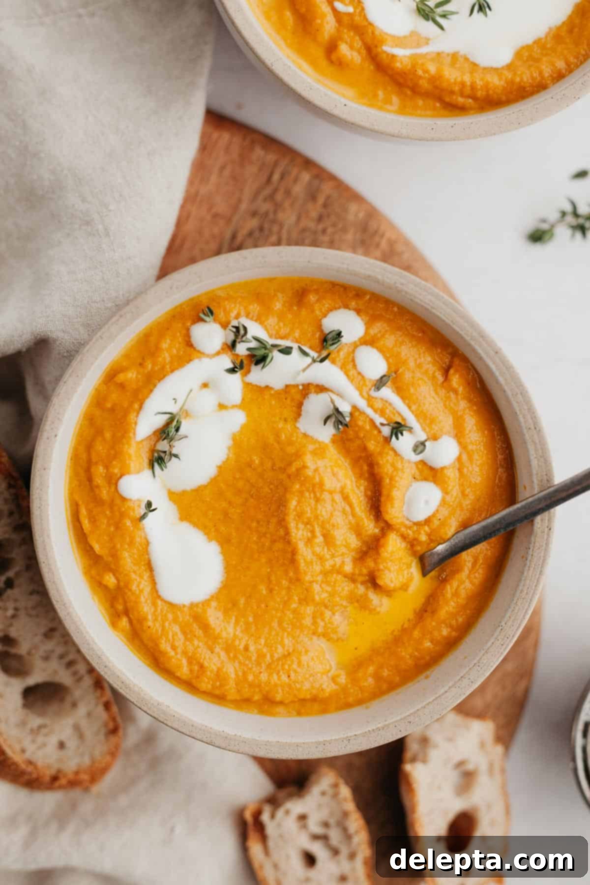 Velvet Pumpkin Carrot Soup 8 A rustic white bowl of creamy pumpkin carrot soup, garnished with fresh thyme and a swirl of cream, set on a dark wooden surface.