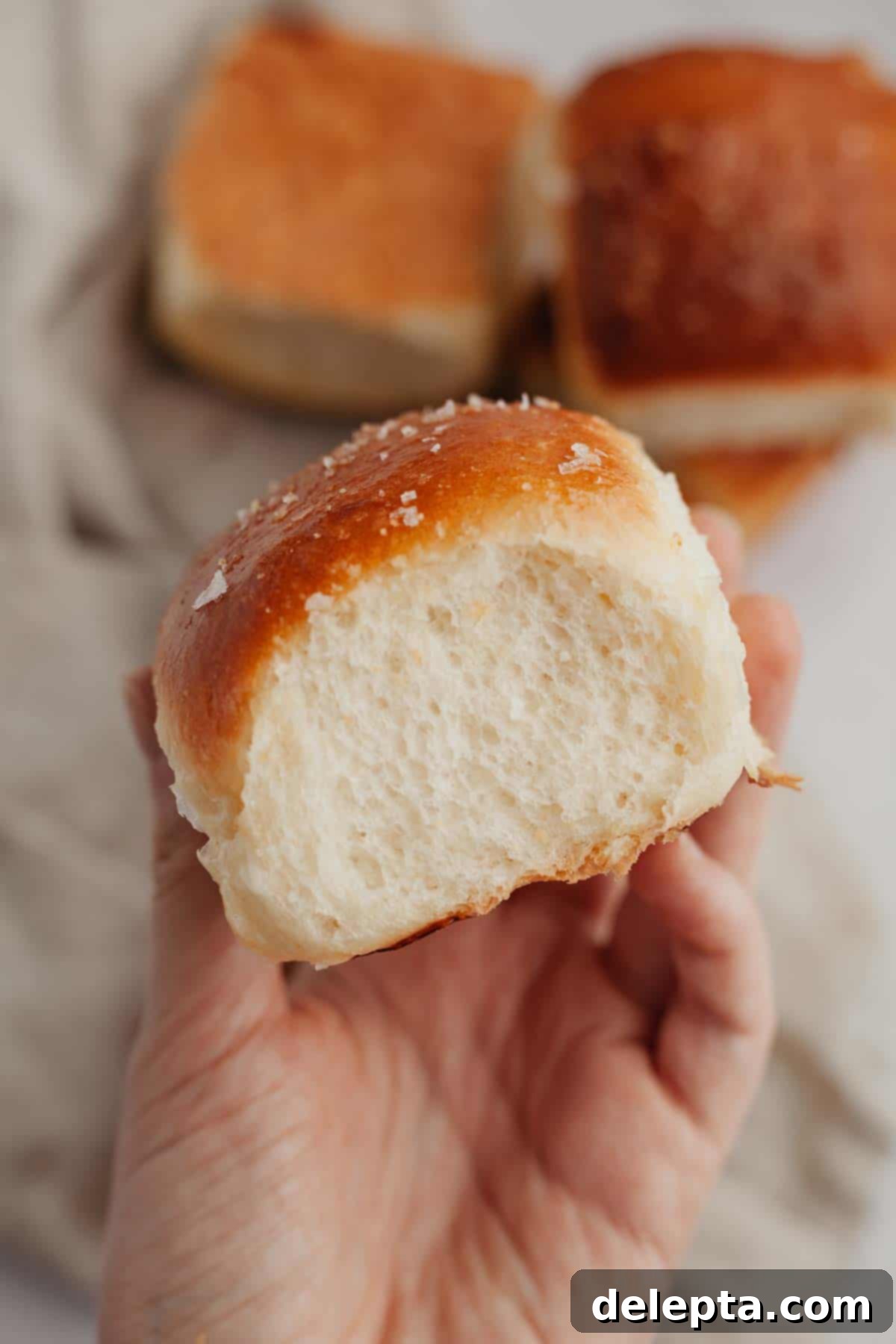 Soft Brioche Dinner Rolls 8 A hand holding a brioche dinner roll.