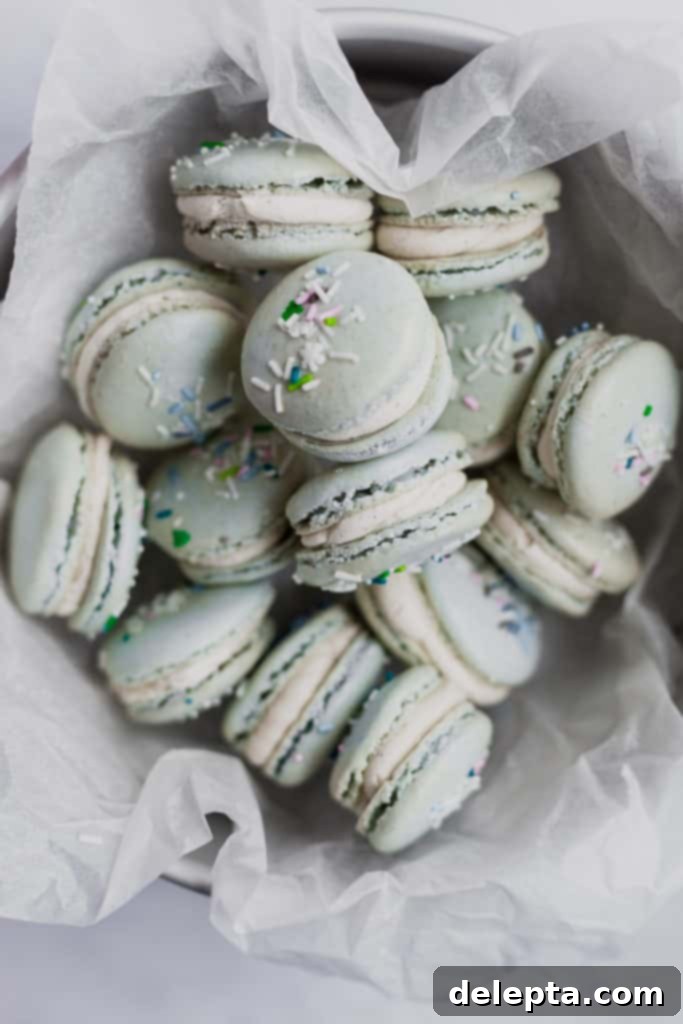 Eggnog Bliss Macarons 4 tin full of eggnog macarons with sprinkles on top