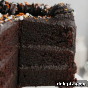 Midnight Velvet Indulgence 10 A three layer black velvet cake, sliced on a white cake stand.