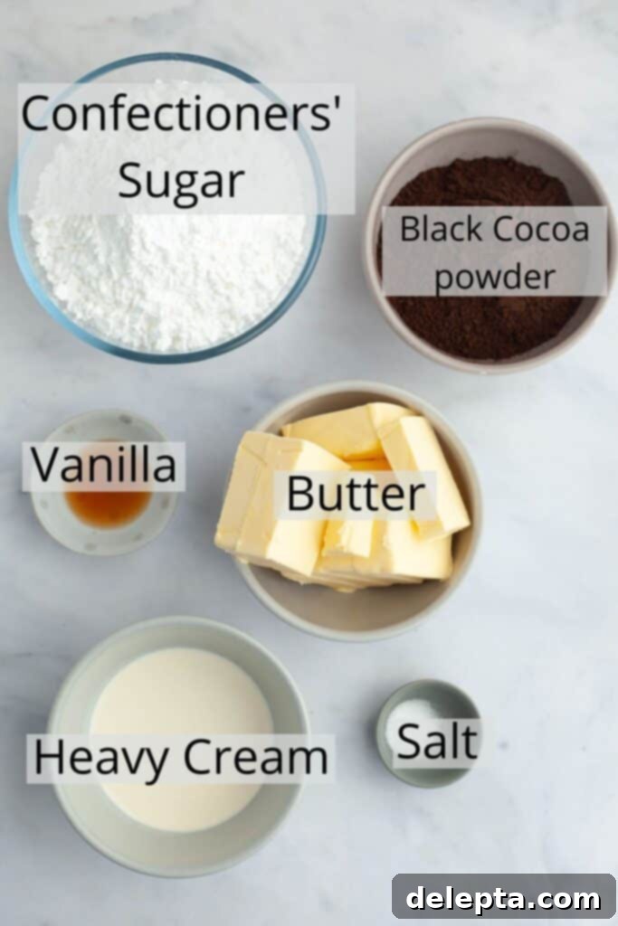 Midnight Velvet Indulgence 4 All the ingredients needed to make black velvet frosting weighed out into small bowls.