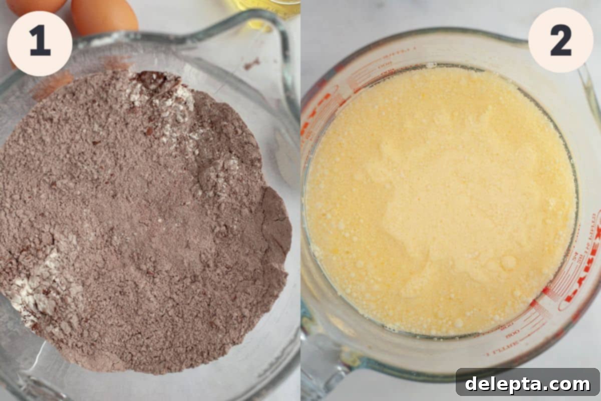 Midnight Velvet Indulgence 5 Steps 1 and 2 in the black velvet cake baking process.